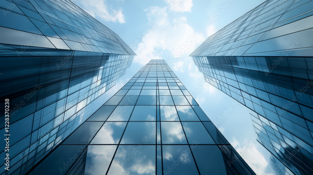 Geometric skyscrapers towering upwards, captured from a low angle against a clear blue sky, emphasizing modern architecture and urban grandeur. Geometric skyscrapers towering upwards, captured from a low angle against a clear blue sky, emphasizing modern architecture and urban grandeur.