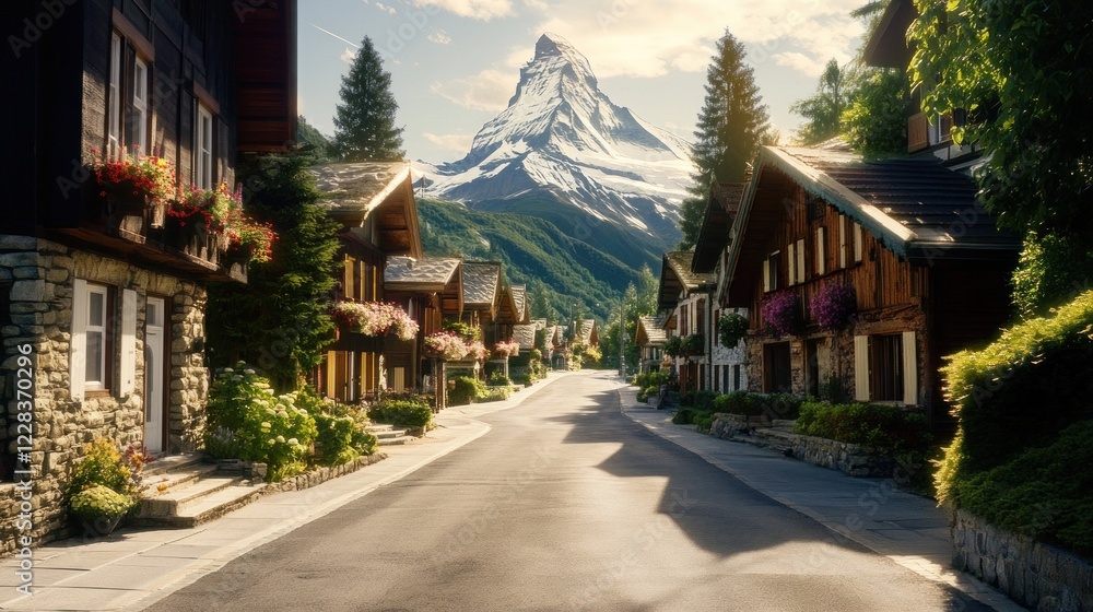 Majestic Matterhorn view from charming Swiss village street. Majestic Matterhorn view from charming Swiss village street.