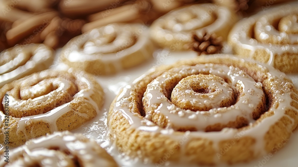 Fototapeta premium Iced cinnamon rolls on white surface with cinnamon sticks background