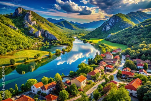 Surreal Panoramic Summer View of Karuc Village, Rijeka Crnojevica River, Skadar Lake, Montenegro photo