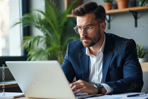 Focused Young Adult Male Professional in a Stylish Office Setting Working on a Laptop Surrounded by Greenery and Modern Decor photo