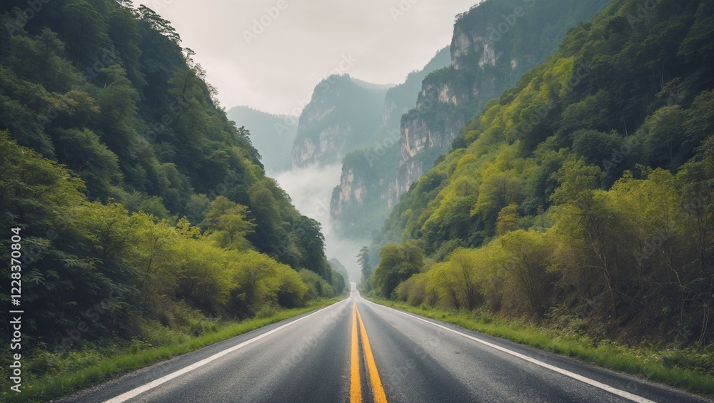 Naklejka premium Long paved road, trees and greenery on the sides