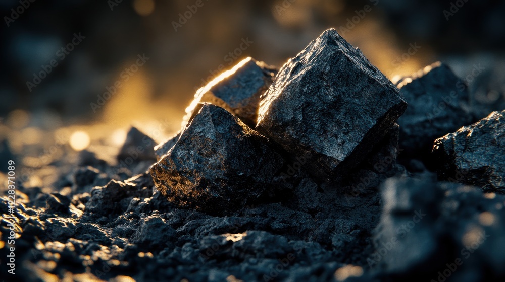 Close-up of sunlit dark gray cubic crystals on rough dark ground. Close-up of sunlit dark gray cubic crystals on rough dark ground.