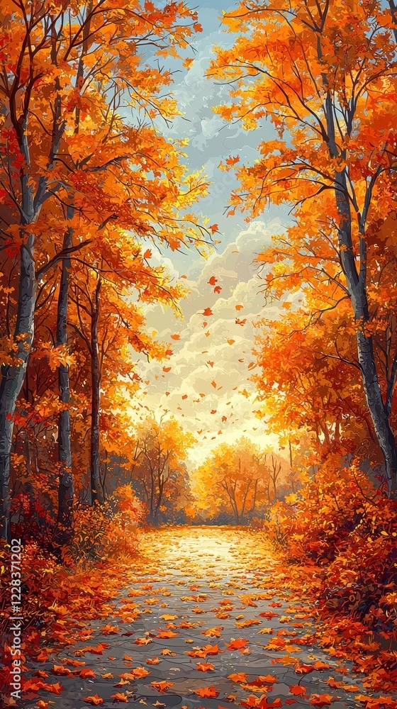 Obraz premium A serene autumn landscape with vibrant orange foliage and a tranquil pathway.