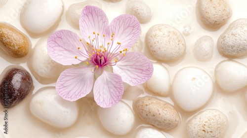 Pink flower floats atop smooth stones in calm water.