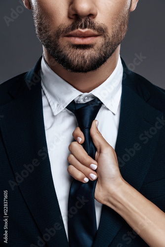 Close-up handsome and successful man in an expensive suit. He is in a white shirt with a tie. A woman's hand holds a man by a tie.