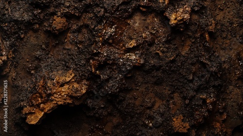 Wallpaper Mural Close-up of dark brown, rough, textured, rocky surface with mineral deposits. Torontodigital.ca