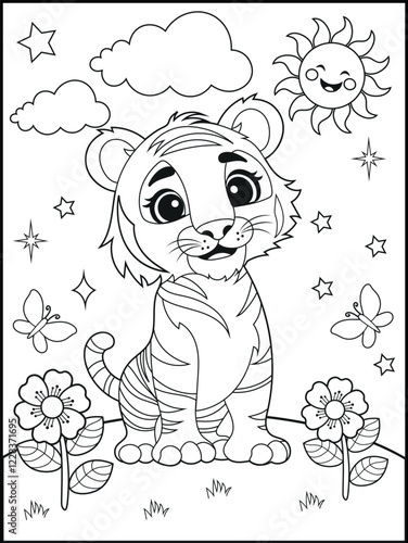 Illustration of a cute baby tiger cartoon character. Hand-drawn Black and white Printable animal coloring page for kids. Children's coloring books, fun and educational materials.
