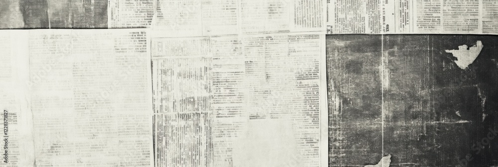 Fototapeta premium Vintage newspaper clippings overlapping to create a textured, historical collage reflecting daily life from a past era. Generative AI