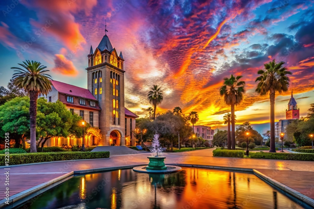Fototapeta premium Surreal Sunset over San Jose State University's Tower Hall and Washington Square