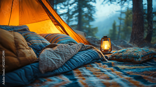 A cozy camping tent with layered blankets, fluffy pillows, and a soft rug, lit by the gentle light of a portable lamp. photo