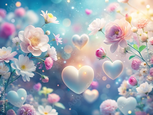 Surreal White Valentine's Day Background: Abstract Hearts & Floating Flowers
