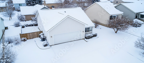 In winter a home s square white garage door stands out against the snowy roof and yard providing a serene copy space image photo