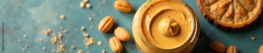 Jar of creamy peanut butter with visible nuts, top view, peanut butter, overhead Jar of creamy peanut butter with visible nuts, top view, peanut butter, overhead