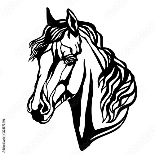 Beautiful horse head silhouette. Horse portrait black and white. Vector illustration, isolated on white background. Stallion horse, template for logo, design, tattoo, stencil and laser cutting