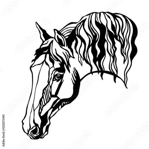 Beautiful horse head silhouette. Horse portrait black and white. Vector illustration, isolated on white background. Stallion horse, template for logo, design, tattoo, stencil and laser cutting