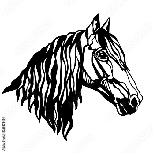 Beautiful horse head silhouette. Horse portrait black and white. Vector illustration, isolated on white background. Stallion horse, template for logo, design, tattoo, stencil and laser cutting