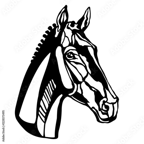 Beautiful horse head silhouette. Horse portrait black and white. Vector illustration, isolated on white background. Stallion horse, template for logo, design, tattoo, stencil and laser cutting