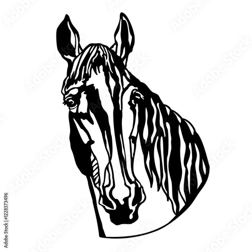 Beautiful horse head silhouette. Horse portrait black and white. Vector illustration, isolated on white background. Stallion horse, template for logo, design, tattoo, stencil and laser cutting
