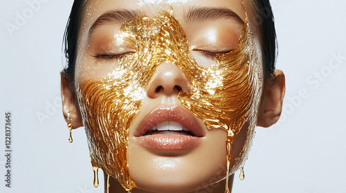 Golden Liquid Shield Envelops Artistic Model in Elegance