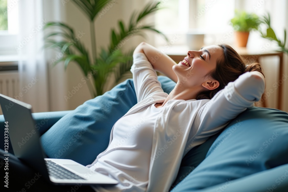 Young woman enjoying a moment of relaxation at home on a cozy couch, with a laptop nearby, surrounded by plants and natural light, embodying comfort and tranquility. Young woman enjoying a moment of relaxation at home on a cozy couch, with a laptop nearby, surrounded by plants and natural light, embodying comfort and tranquility.