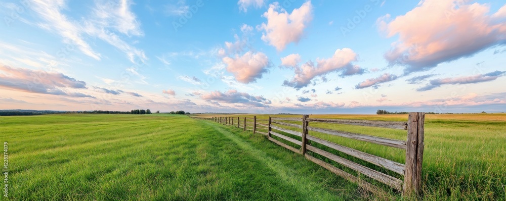 Fototapeta premium Capture the essence of a serene sunrise over rolling hills, radiating calm and tranquility with this breathtaking landscape image A wooden fence stretches into the distance, dividing lush green