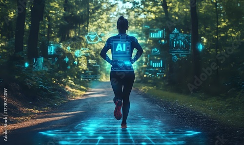 Fototapeta Naklejka Na Ścianę i Meble -  Runner on forest path with futuristic AI holographic interface and glowing blue effects, digital fitness tracking visualization for sports and health monitoring.