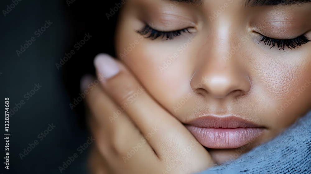 Close up portrait of young woman with flawless skin, long eyelashes and natural makeup resting head on hand against dark background, showing peaceful expression. Close up portrait of young woman with flawless skin, long eyelashes and natural makeup resting head on hand against dark background, showing peaceful expression.