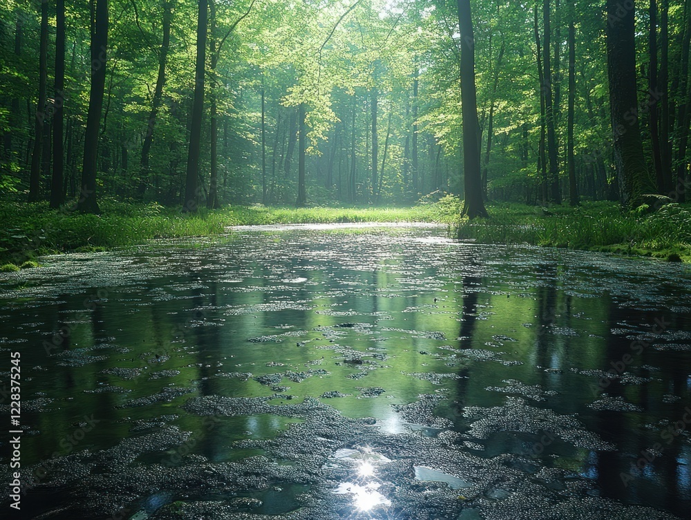 Obraz premium Tranquil Forest Scene with Sunlit Reflections on a Mossy Pond surface