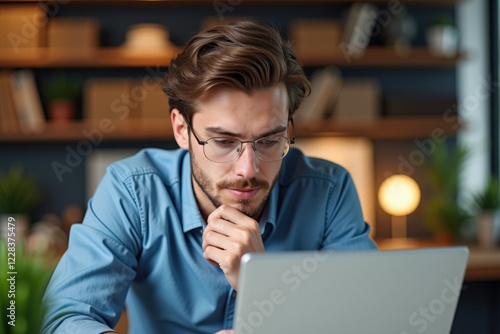 Focused Male Professional Working on Laptop in Modern Office Space, Analyzing Data and Engaging with Technology in Calm, Productive Environment photo