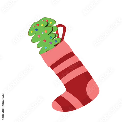 Beautiful hand drawn fashion red and pink vector illustration of the Knitted Christmas Sock with a fir tree isolated on a white background