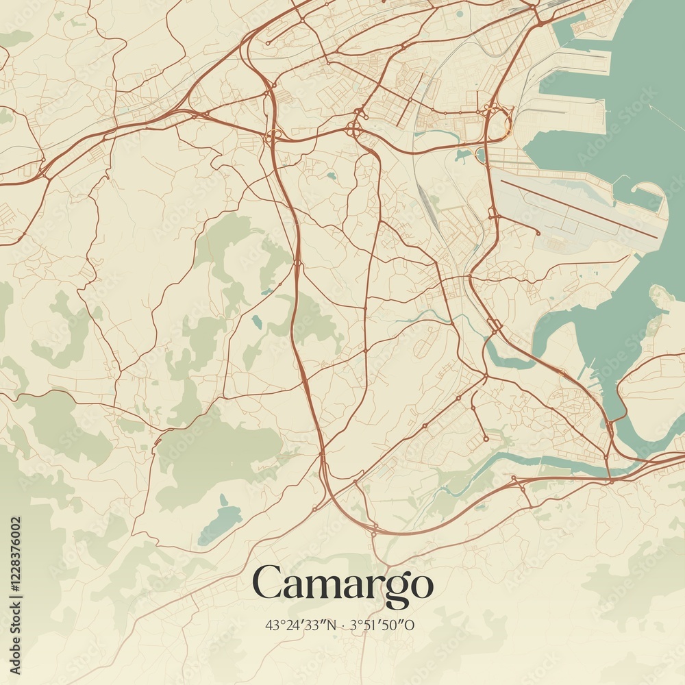 Fototapeta premium Retro Spanish map of Camargo, Cantabria. Vintage street map.