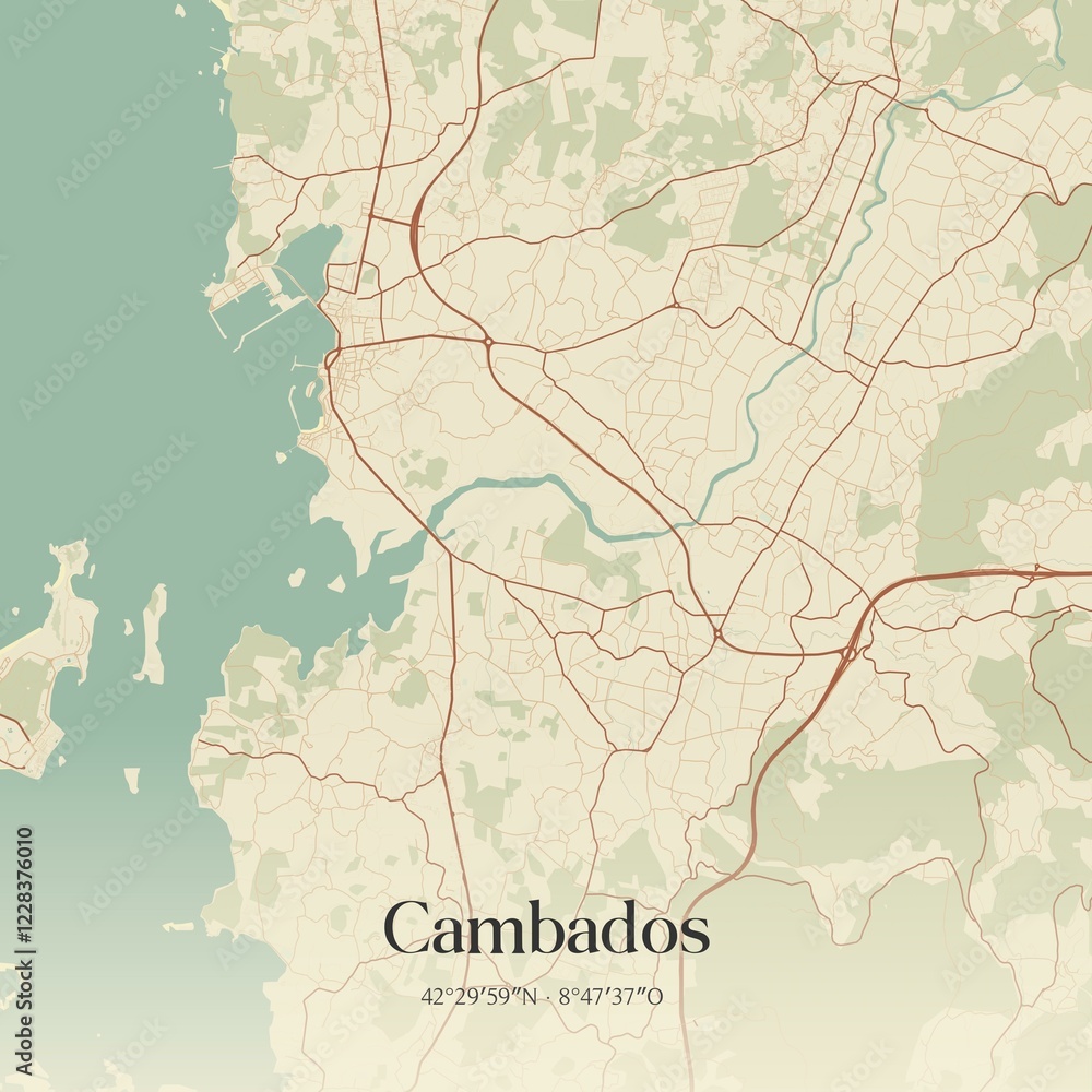 Fototapeta premium Retro Spanish map of Cambados, Galicia. Vintage street map.