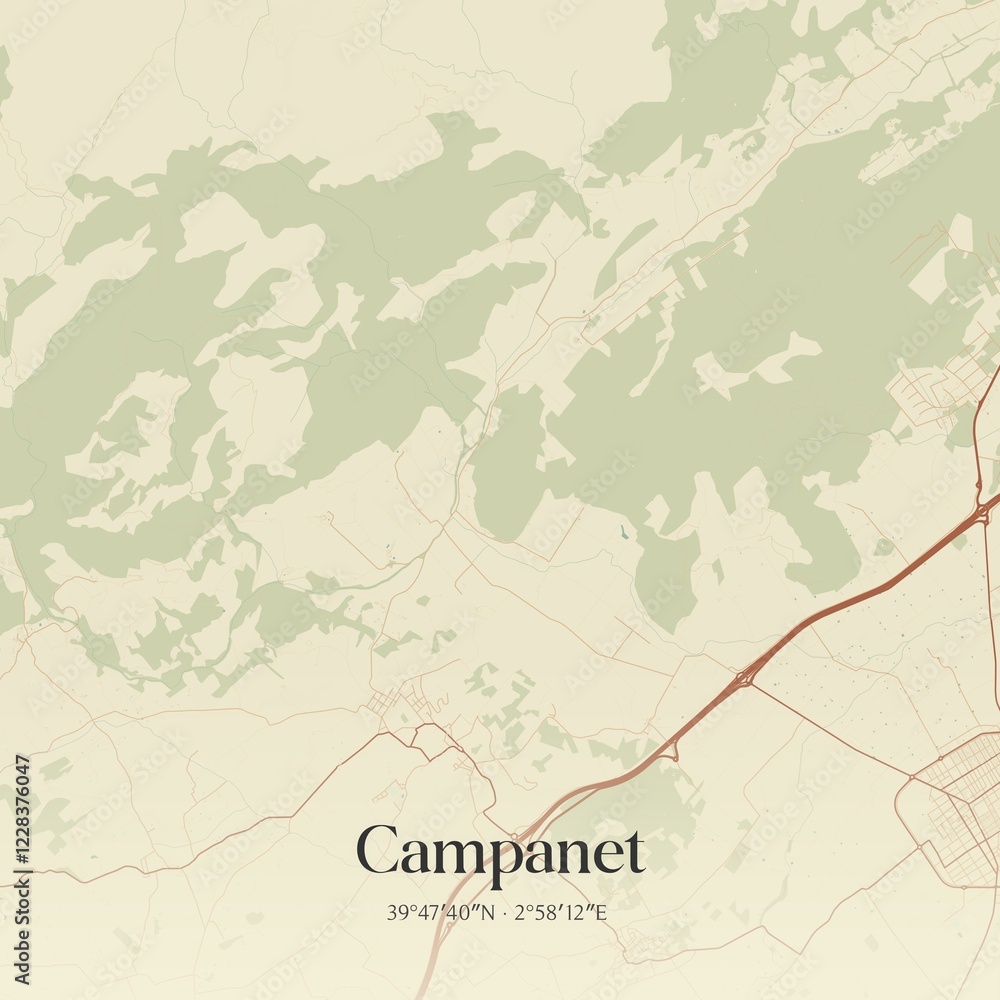 Obraz premium Retro Spanish map of Campanet, Islas Baleares. Vintage street map.