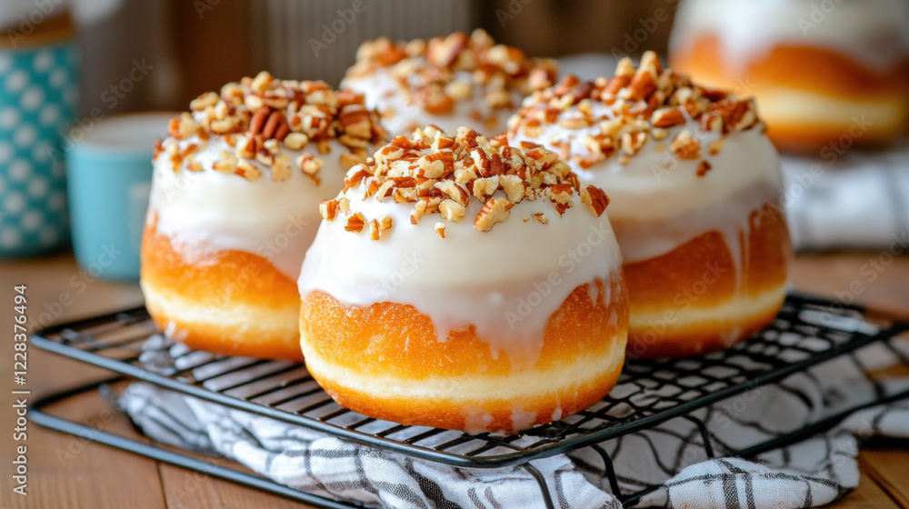 Donut, Delicious donut topped with maple syrup glaze and crispy pecans, showcasing a high-fidelity image for culinary enthusiasts and food photographers. Donut, Delicious donut topped with maple syrup glaze and crispy pecans, showcasing a high-fidelity image for culinary enthusiasts and food photographers.