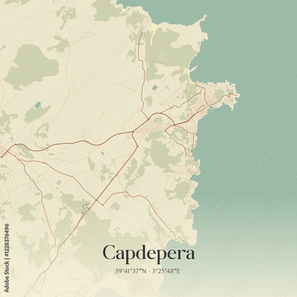 Obraz premium Retro Spanish map of Capdepera, Islas Baleares. Vintage street map.