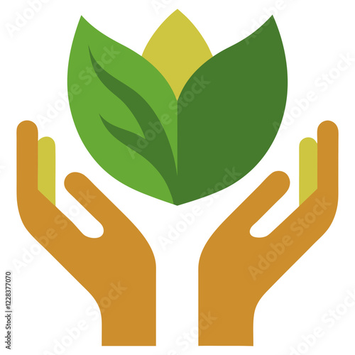 Hands cradling a leaf icon in flat style with a supportive vibe representing environmental care