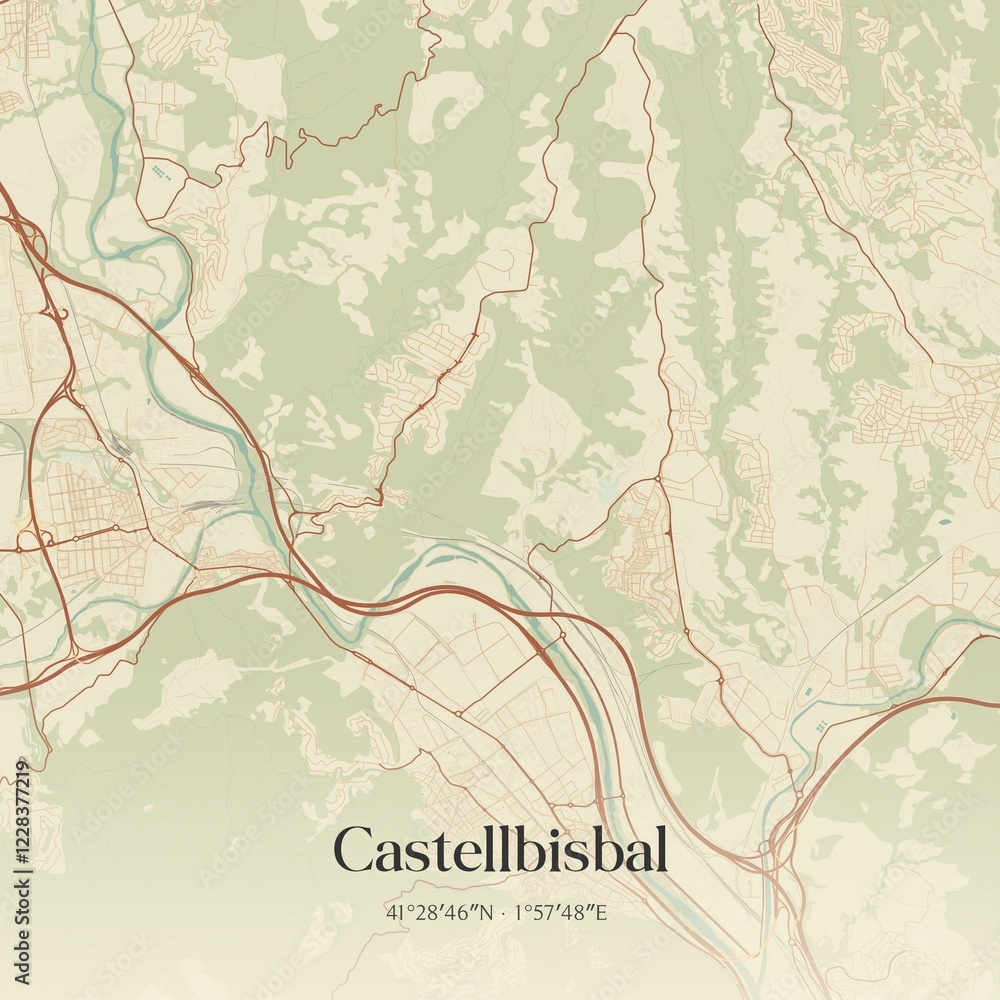 Obraz premium Retro Spanish map of Castellbisbal, Catalu�a. Vintage street map.