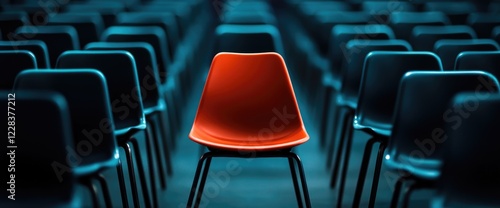 Red chair stands out in a row of blue chairs. Leadership, opportunity