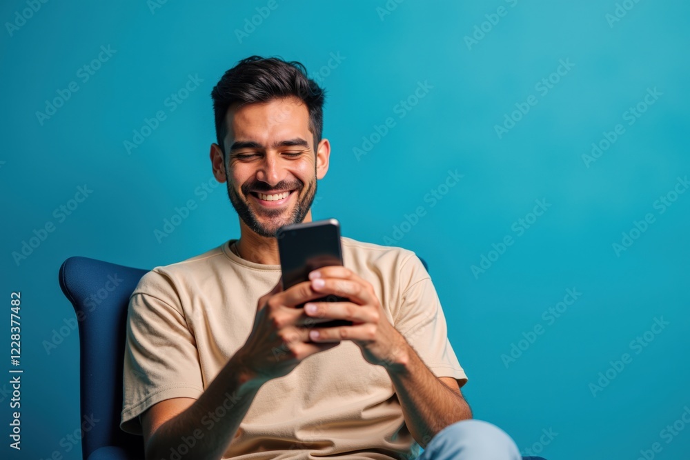 Engaged Young Man Smiling While Using Smartphone in a Modern Indoor Setting with Vibrant Blue Background Engaged Young Man Smiling While Using Smartphone in a Modern Indoor Setting with Vibrant Blue Background