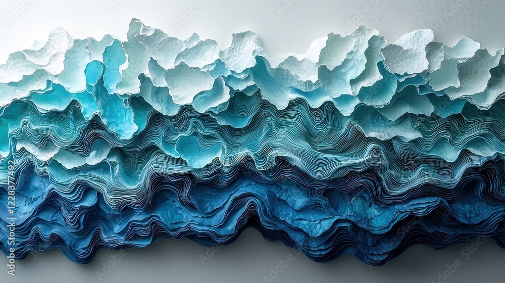 Abstract paper art resembling ocean waves in varying shades of blue.