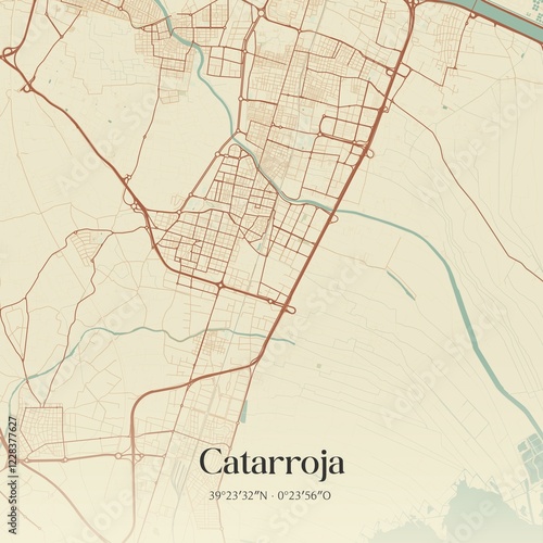 Retro Spanish map of Catarroja, Comunidad Valenciana. Vintage street map.