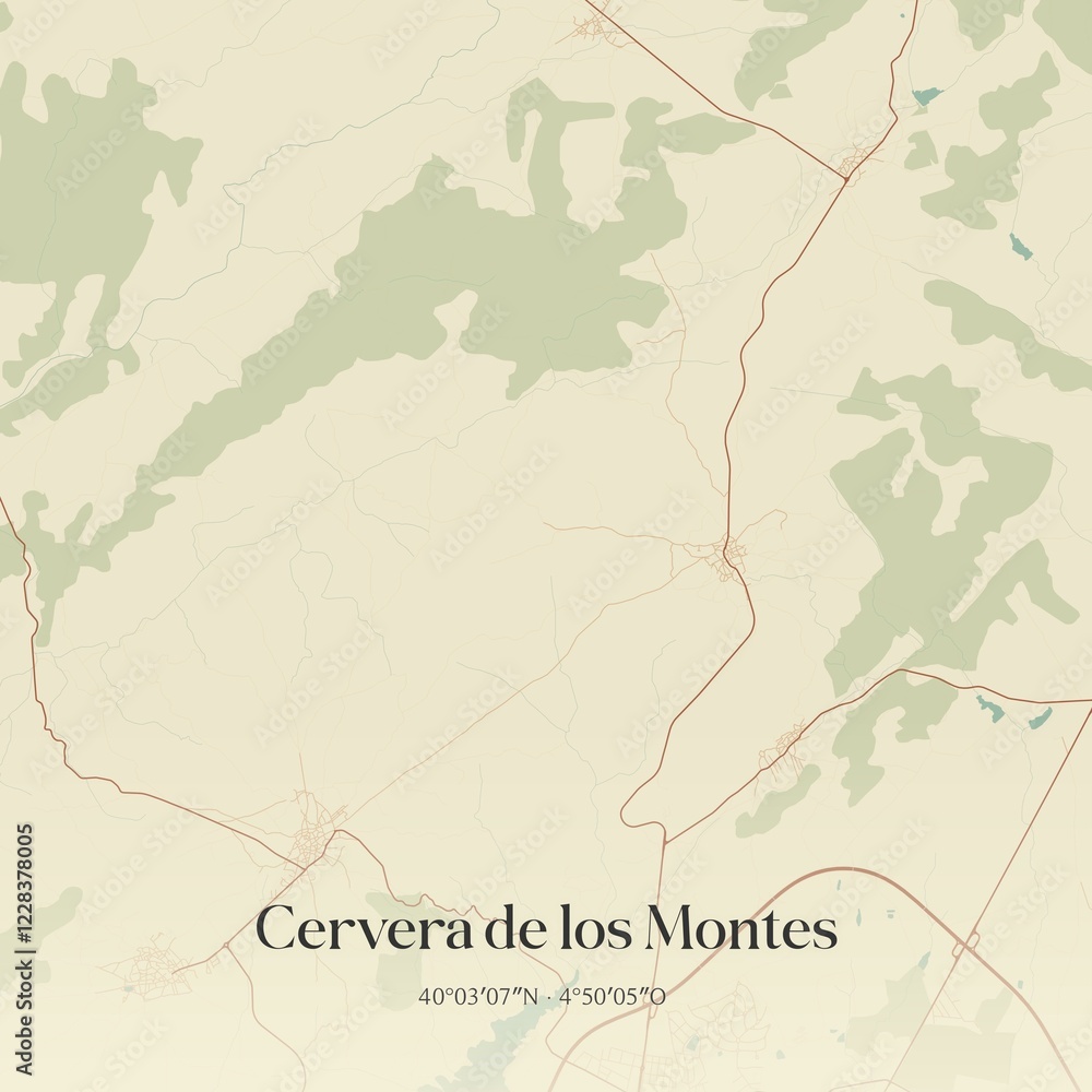 Fototapeta premium Retro Spanish map of Cervera de los Montes, Castilla-La Mancha. Vintage street map.