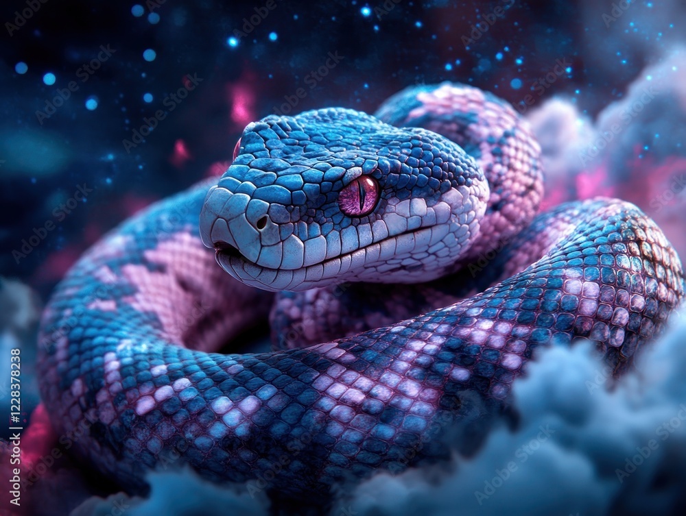 Fototapeta premium Witness the awe-inspiring spectacle of A cosmic serpent with radiant, multicolored scales, coiling through the vastness of space, its ethereal form weaving through nebulous clouds and stardust This