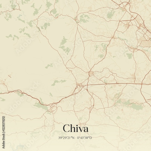 Retro Spanish map of Chiva, Comunidad Valenciana. Vintage street map.