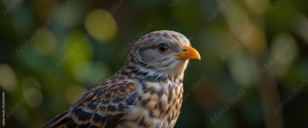 Bird with a serene expression observing nature against a softly blurred green background