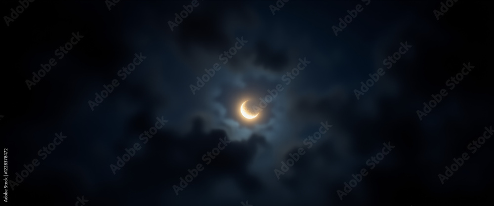 Crescent moon glowing peacefully against dark clouds Crescent moon glowing peacefully against dark clouds
