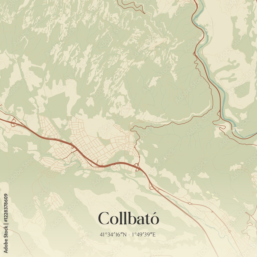 Fototapeta premium Retro Spanish map of Collbat�, Catalu�a. Vintage street map.