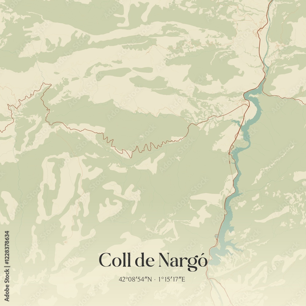 Fototapeta premium Retro Spanish map of Coll de Narg�, Catalu�a. Vintage street map.