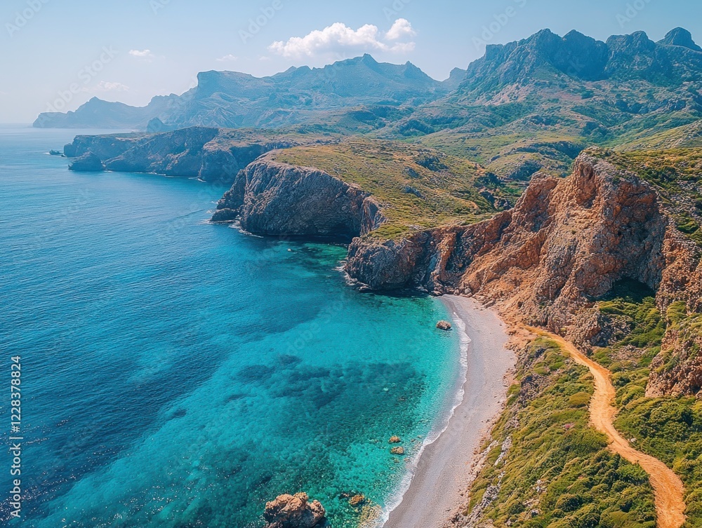 Coastal cliffs meet turquoise waters and a small beach with distant mountain views Coastal cliffs meet turquoise waters and a small beach with distant mountain views